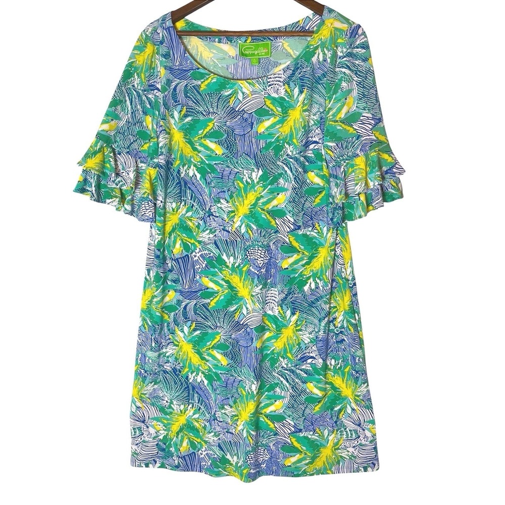 Pappagallo Tropical Palm Print Ruffle Sleeve Shift Dress Green Blue Yellow L